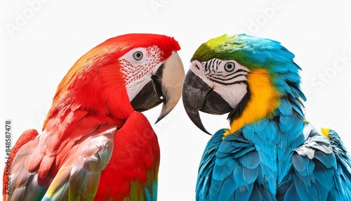 back view of a red and a blue and yellow macaw animal bundle isolated on a transparent background © Fletcher