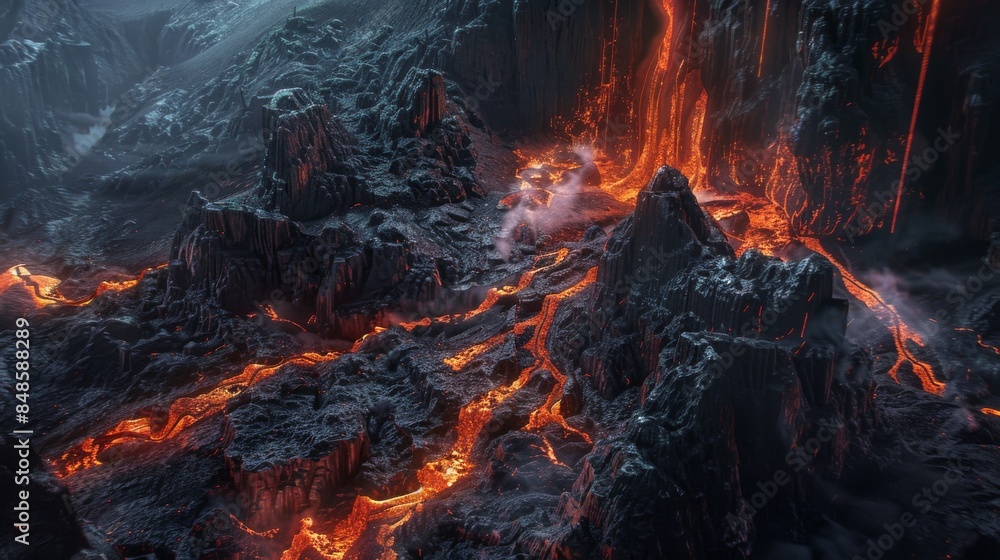 Volcanic Landscape with Flowing Lava Volcanic Landscape with Flowing Lava