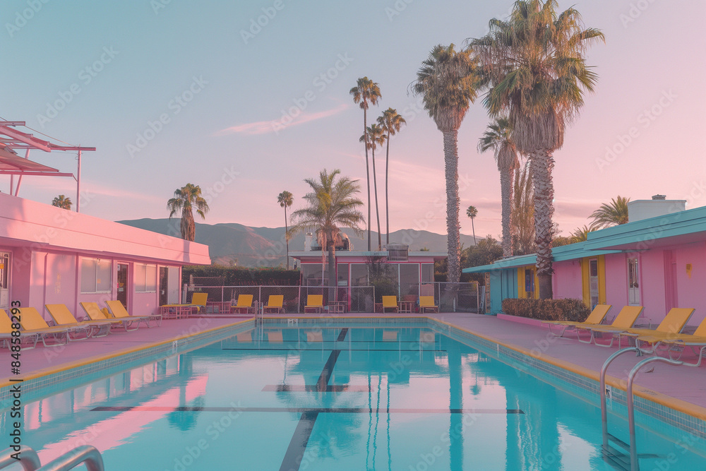 Fototapeta premium Retro poolside view with pastel-colored buildings and palm trees under a pink sky