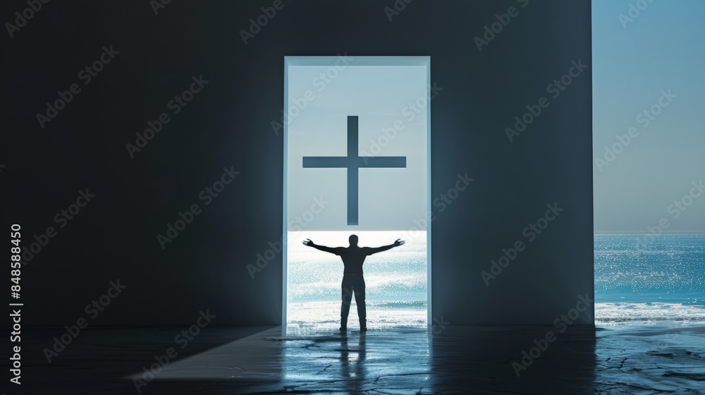 Naklejka premium A woman with her arms outstretched in front of the cross is illuminated by a bright light. The outline is fuzzy. This scene conveys her feeling of happily celebrating Easter.