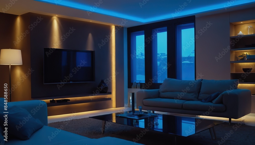 Fototapeta premium Smart Home Entertainment System with Voice Control in a Living Room