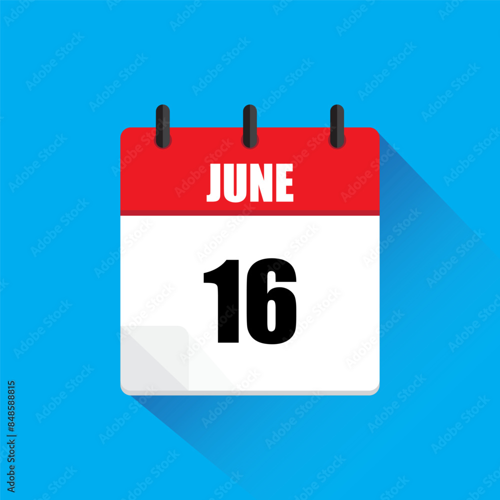 June 16 calendar icon. Red and white vector design. Blue background illustration. Date symbol. June 16 calendar icon. Red and white vector design. Blue background illustration. Date symbol.