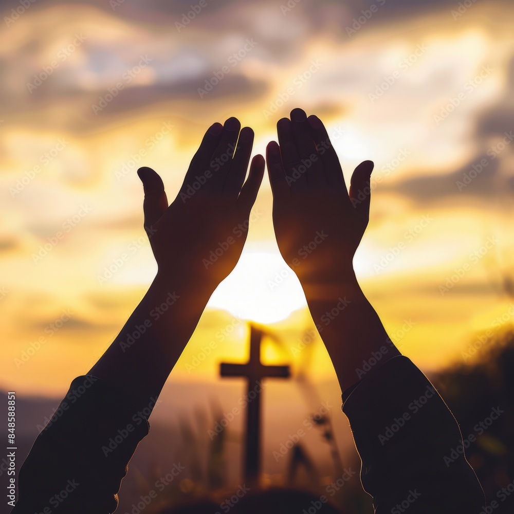 A woman with her arms outstretched in front of the cross is illuminated by a bright light. The outline is fuzzy. This scene conveys her feeling of happily celebrating Easter.