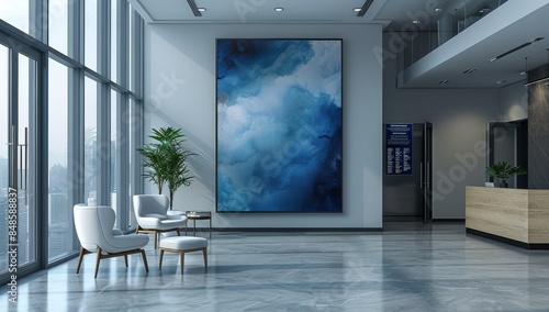 A mockup of an empty vertical rectangular frame on the wall in front, placed inside a modern medical office waiting room with white chairs and glass doors.