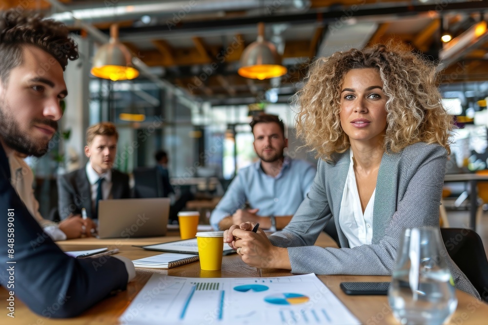 Professional woman leading data analysis presentation to colleagues in meeting room Professional woman leading data analysis presentation to colleagues in meeting room