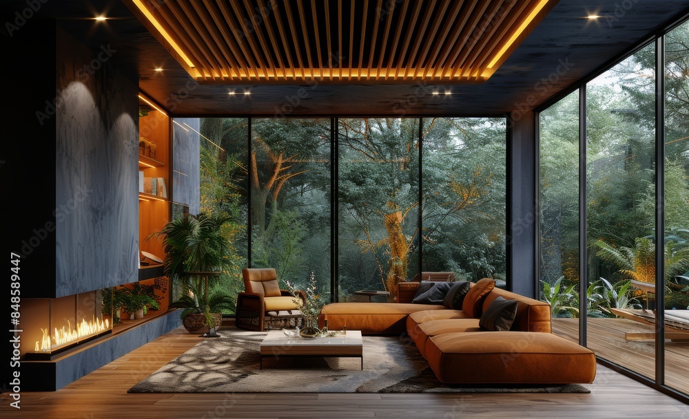 Fototapeta premium A modern living room with dark blue walls, wooden floor and ceiling slats, a large window on the right side showing trees outside