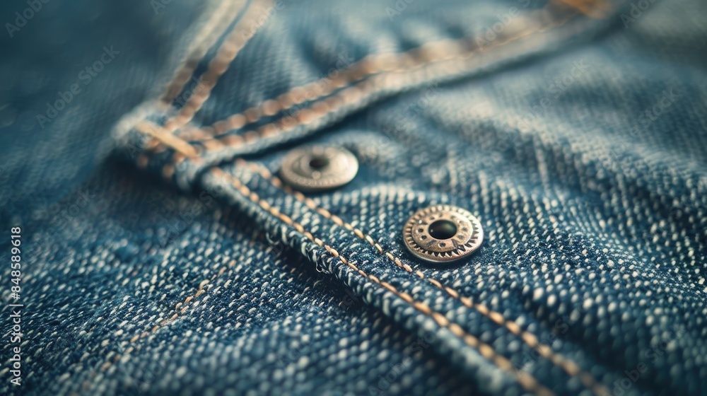 Blue stonewashed faded jeans with cotton fabric texture featuring seams clasps buttons and rivets in macro close up shot Blue stonewashed faded jeans with cotton fabric texture featuring seams clasps buttons and rivets in macro close up shot