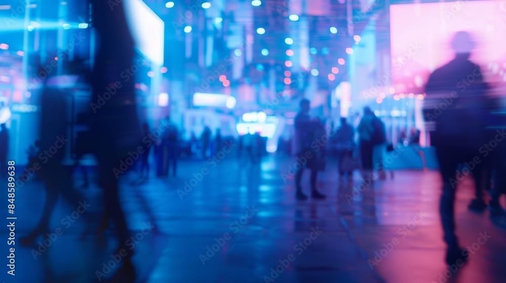 A dreamlike ambiance is created by the defocused booths and attendees giving the exhibition hall a surreal and otherworldly feel. A dreamlike ambiance is created by the defocused booths and attendees giving the exhibition hall a surreal and otherworldly feel.