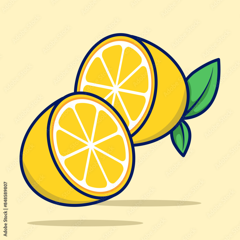 Cartoon Lemon Fruit Bright Yellow Lemon Fruit With Green Leaf Markings