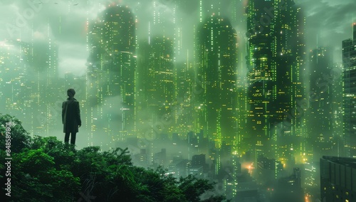 A person in business attire standing at the edge of an urban skyline, gazing out over green sustainable buildings and streets.