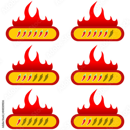 The concept of spiciness level is an indicator of the strength scale of red chilies with the positions mild, medium, hot and extra hot. Vector labels of spiciness levels on the spice and sauce flavor 