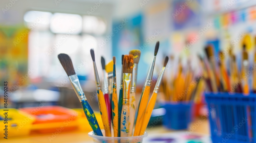 Out of focus paintbrushes and canvases in a busy classroom. Out of focus paintbrushes and canvases in a busy classroom.