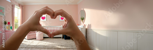 Banner hands forming a heart shape in a pink nursery room