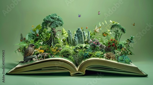 A realistic photo of an open book with pages filled with miniature landscapes, plants, and animals.