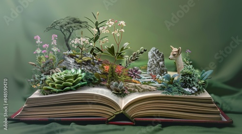 A realistic photo of an open book with pages filled with miniature landscapes, plants, and animals.