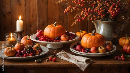 A beautiful display of pumpkins, fruits, and candles on a rustic table. Perfect Thanksgiving setup. AI Generated
 photo