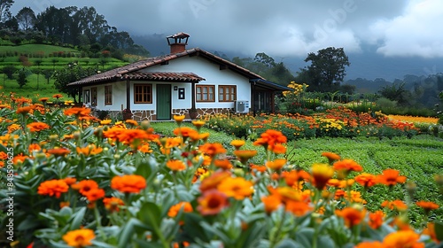 A charming white house with a red roof, surrounded by a colorful garden of orange and yellow flowers, under a cloudy sky.