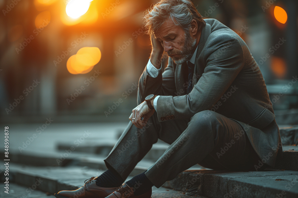 Distressed Businessman Sitting on Steps at Dusk Reflecting on Challenges Distressed Businessman Sitting on Steps at Dusk Reflecting on Challenges