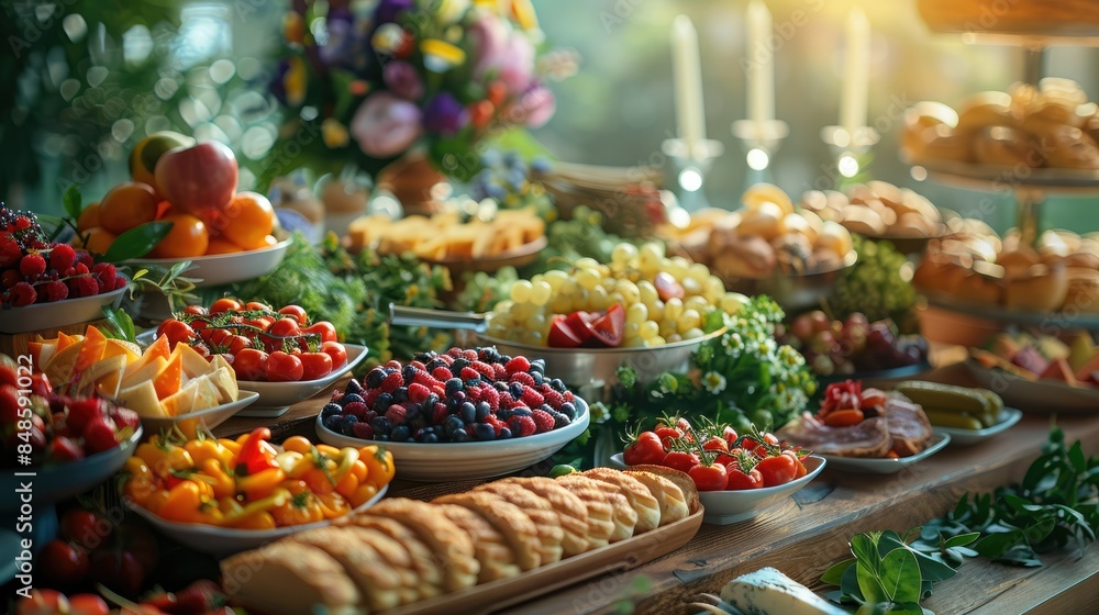 A vibrant display of fresh fruits, pastries, and gourmet food on a beautifully decorated table in a garden setting with soft daylight. A vibrant display of fresh fruits, pastries, and gourmet food on a beautifully decorated table in a garden setting with soft daylight.