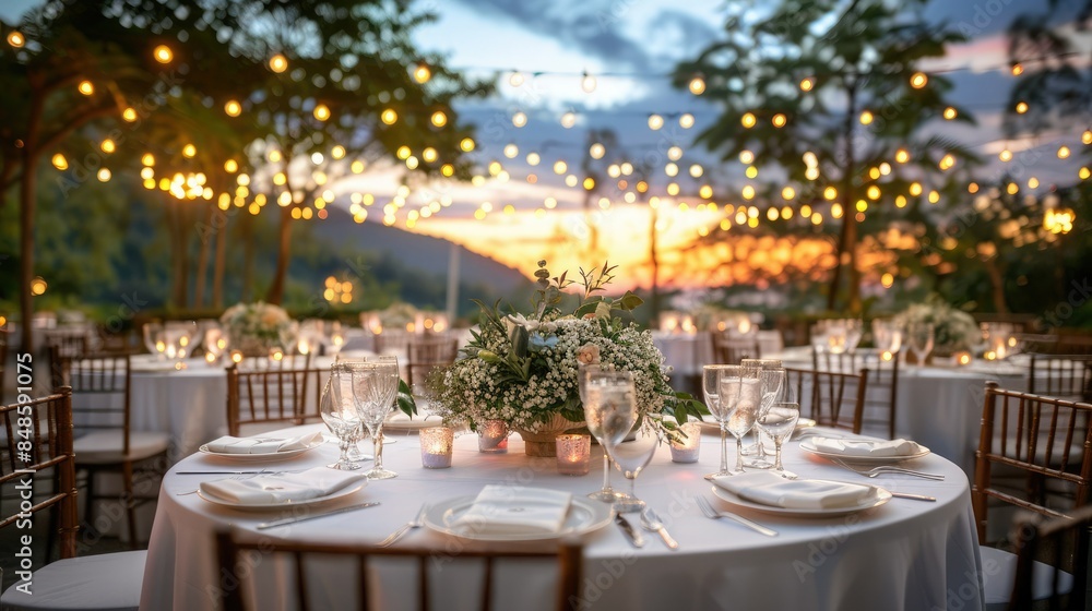 Obraz premium Beautiful outdoor wedding reception with elegant table setup, string lights, and a stunning sunset view in a serene natural setting.