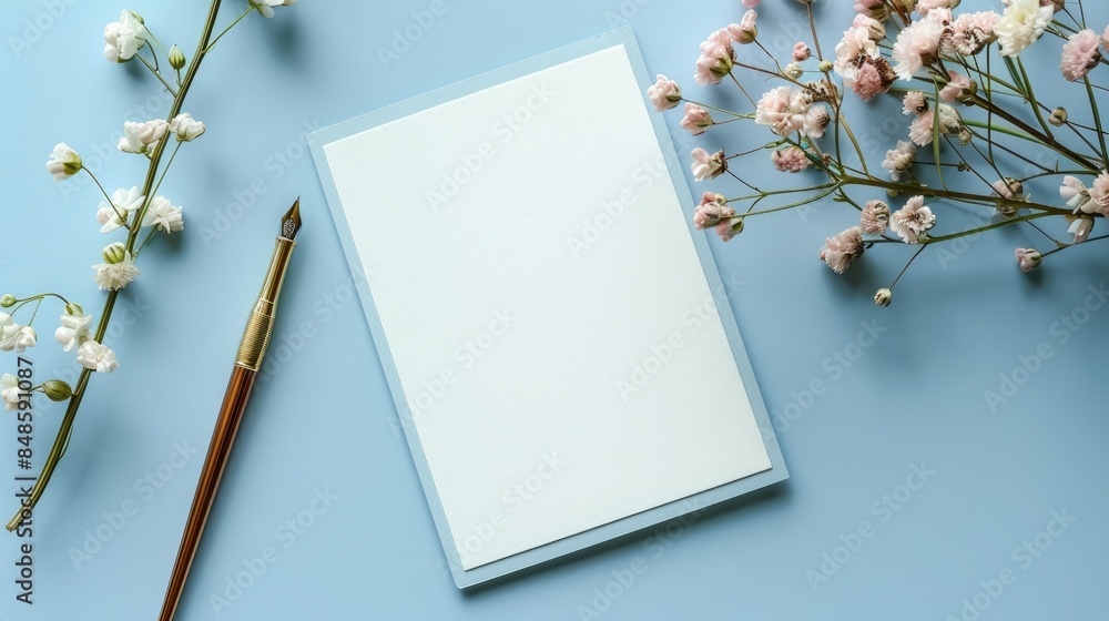 Blank white paper sheet with a golden fountain pen and delicate flowers on a blue background, perfect for invitations or notes. Blank white paper sheet with a golden fountain pen and delicate flowers on a blue background, perfect for invitations or notes.