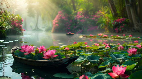 Fototapeta Naklejka Na Ścianę i Meble -  Boat in the river with blossom lotus garden