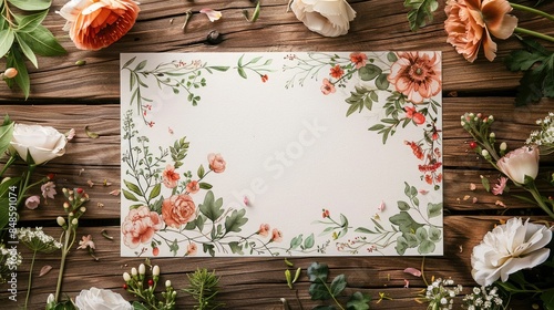 Beautiful floral greeting card with delicate pink and white flowers, perfect for weddings, birthdays, and special occasions on a rustic wood background. photo