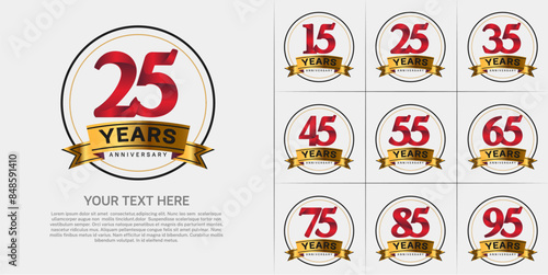 anniversary logotype set vector, red color with circle and gold ribbon for special day celebration