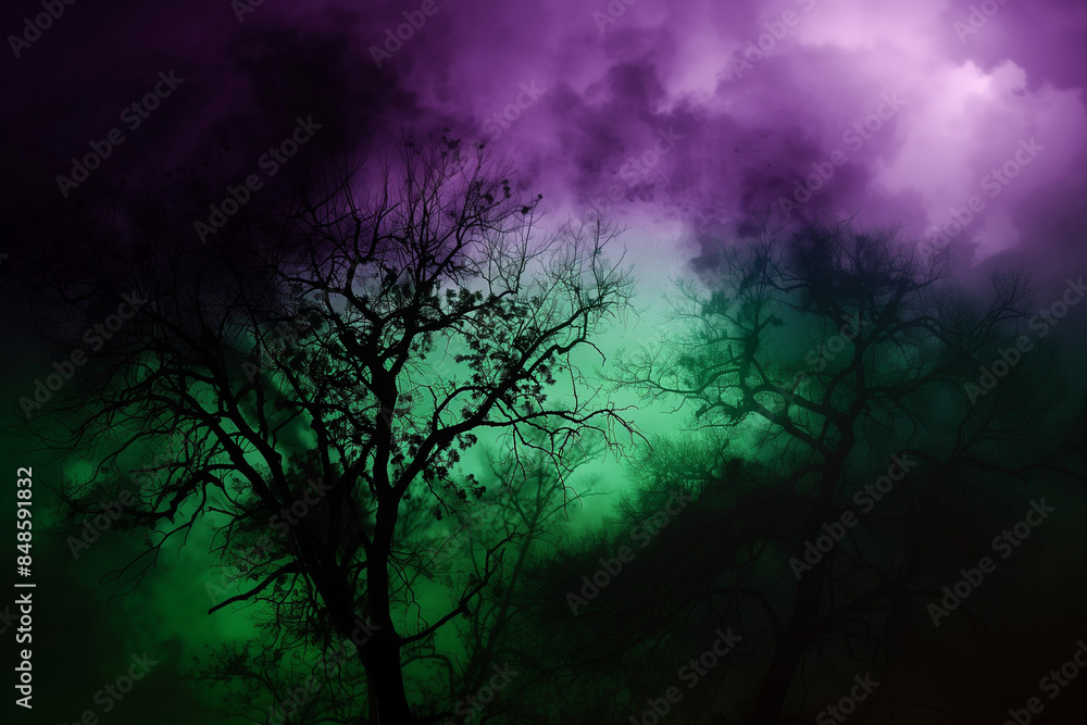 Spooky forest with silhouetted trees against a green and purple sky, creating an eerie and haunting atmosphere, perfect for capturing the essence of a haunted landscape Spooky forest with silhouetted trees against a green and purple sky, creating an eerie and haunting atmosphere, perfect for capturing the essence of a haunted landscape