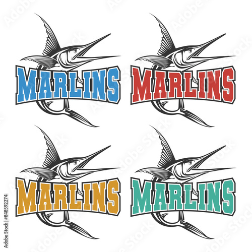 Marlins Illustration Clip Art Design Shape. Mascot Silhouette Icon Vector.