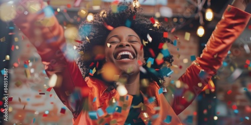 Happy black woman dancing under confetti at office Christmas party. African Americans celebrate. , culture, belief, dopamine, the concept of openness and tolerance, HD wallpapers, backgrounds, generat photo