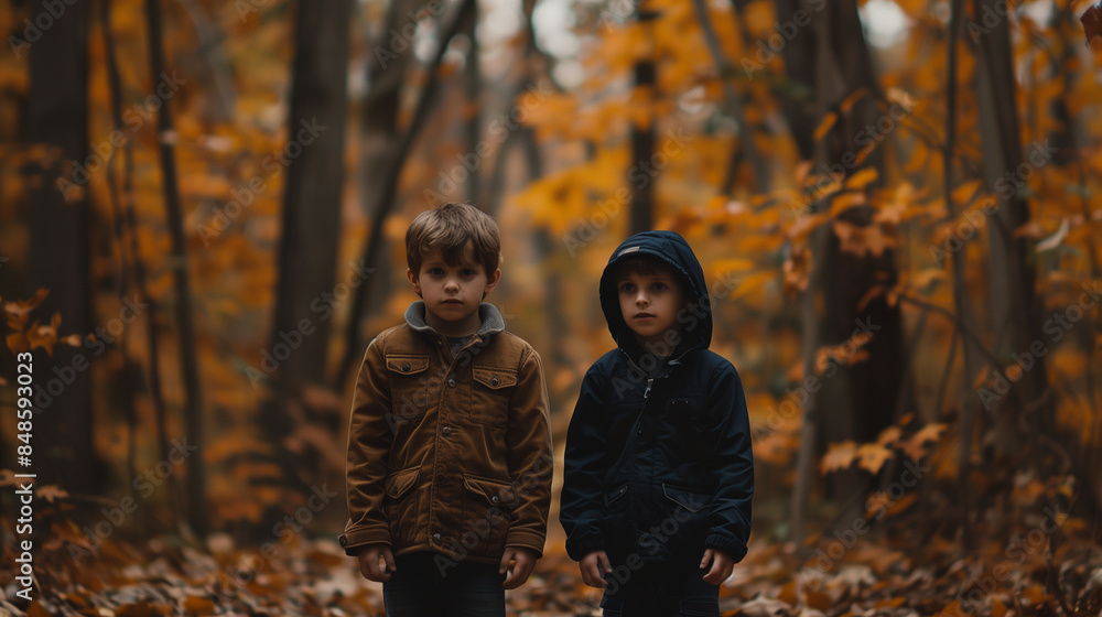 two boys walking in the woods in autumn two boys walking in the woods in autumn