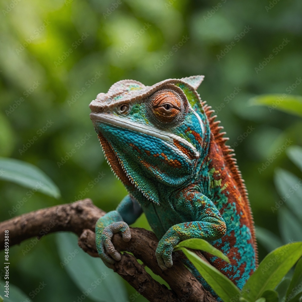 Fototapeta premium A colorful chameleon blending into a lush green background.