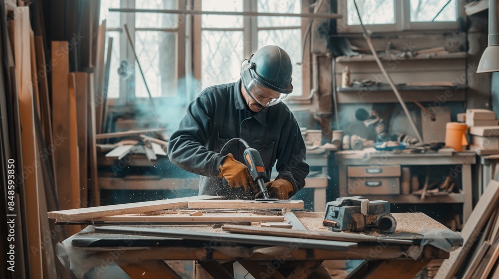 a man woodworking with safety gear in a workshop. a man woodworking with safety gear in a workshop.