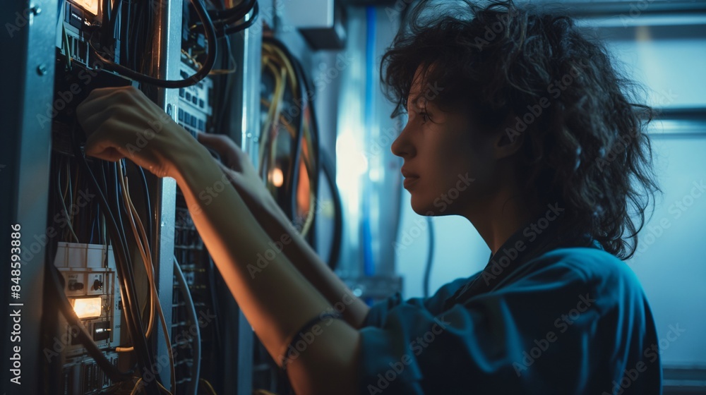 a person working on an electrical panel. a person working on an electrical panel.