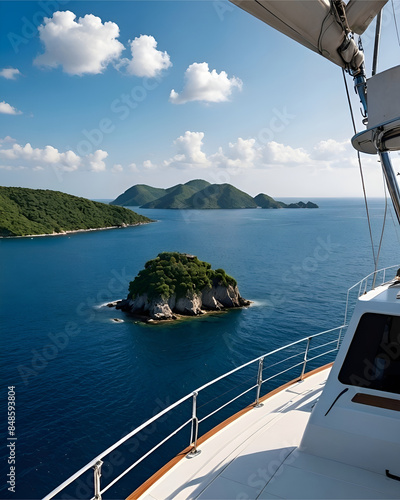 Vacaciones en la cubierta de un yate navegando junto a unas islas
