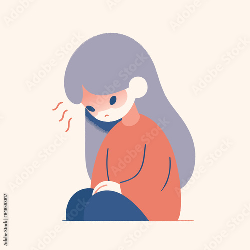 Minimal Hand-Drawn Vector Illustration of Cute Sad Girl Sitting on Floor