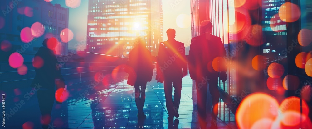 Silhouettes of business people, walk in vibrant city street, modern ...