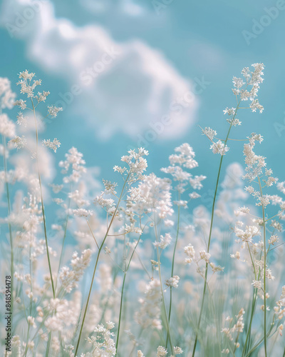 Beautiful White Wildflowers Against a Soft Blue Sky with Fluffy Clouds on a Tranquil Summer Day Capturing the Essence of Nature's Simplicity and Serenity © pisan