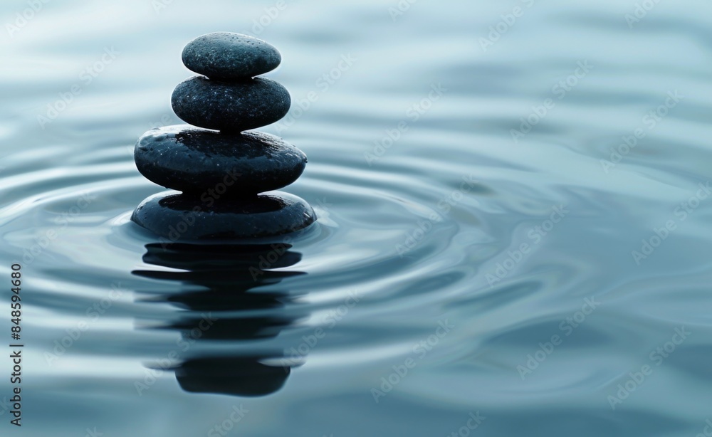 3 black pebbles stacked on top of each other, in the center of water ripples. The background is a light blue and white, creating an atmosphere of calmness and meditation. T 3 black pebbles stacked on top of each other, in the center of water ripples. The background is a light blue and white, creating an atmosphere of calmness and meditation. T