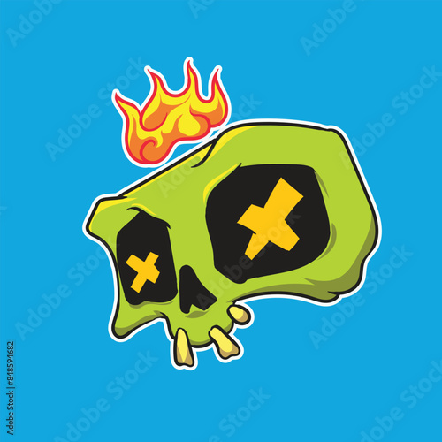 a green skull with a cross on it and flames crowning it