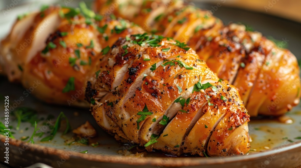 Close up side view of Homemade Hasselback Chicken served on a plate Close up side view of Homemade Hasselback Chicken served on a plate