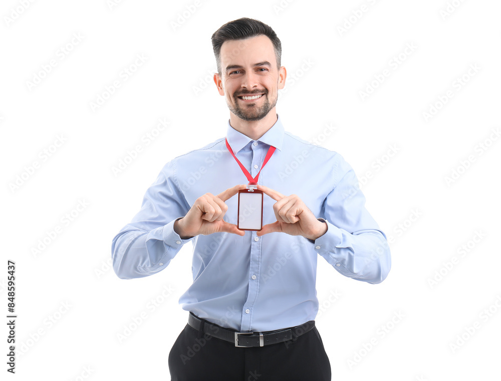 Young man with blank badge on white background Young man with blank badge on white background