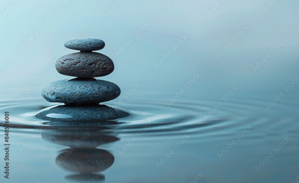 Tranquil Yoga Environment: Balanced Stones in Clear Sky and Calm Water, Symbolizing Harmony and Meditation.