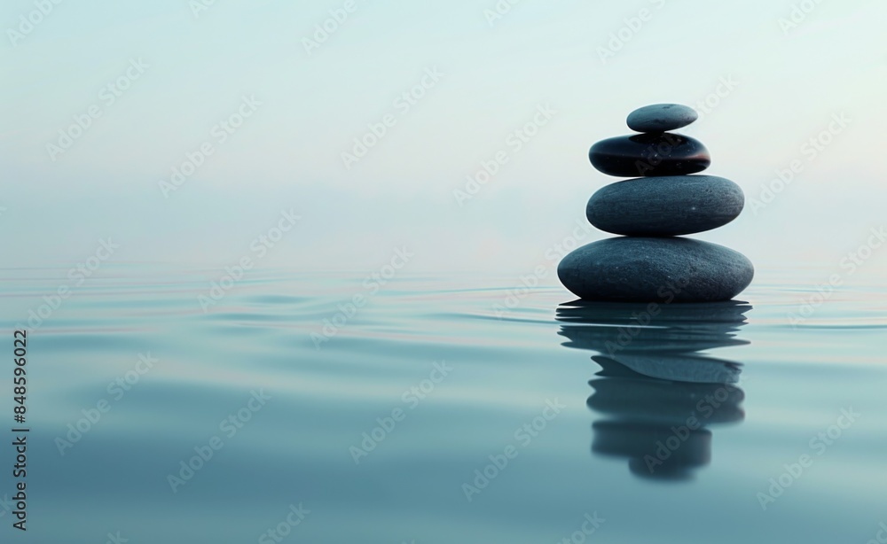 Tranquil Yoga Environment: Balanced Stones in Clear Sky and Calm Water, Symbolizing Harmony and Meditation.