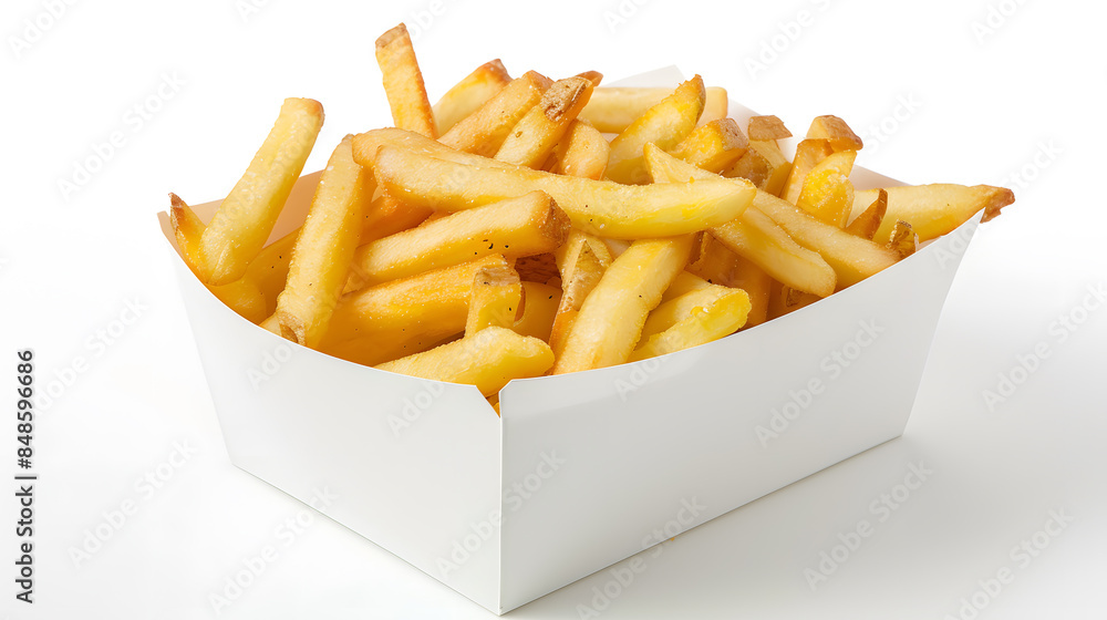 French fries in a white paper box isolated on white background. French fries in a white paper box isolated on white background.