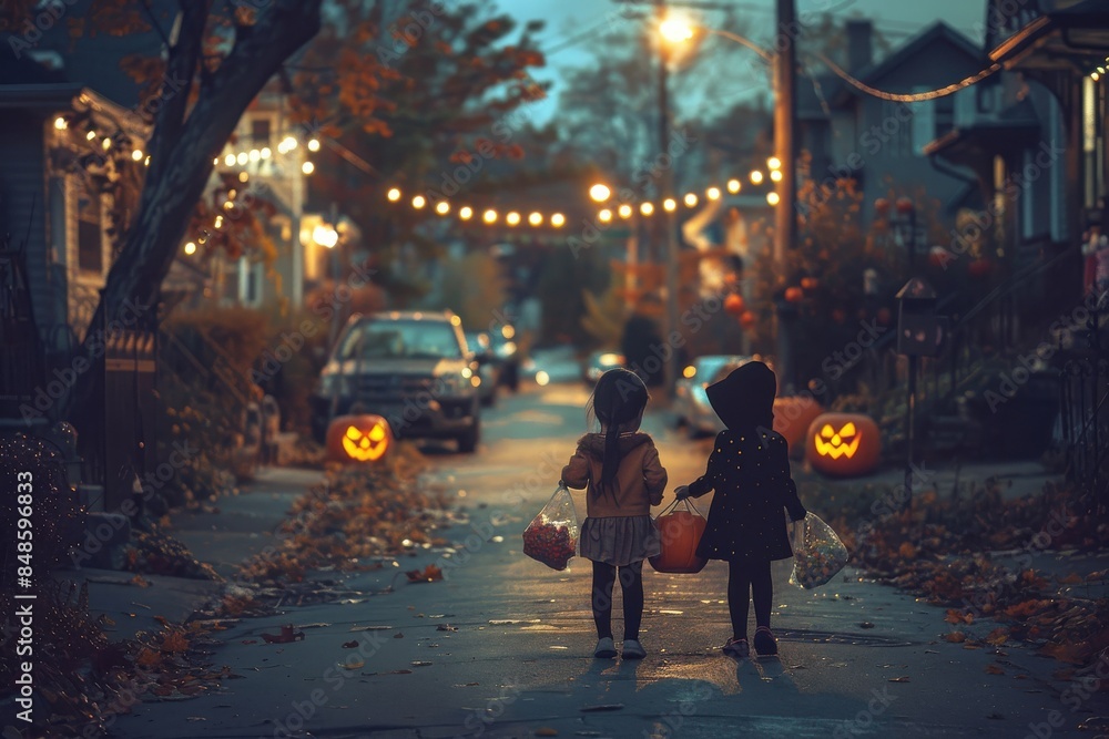 Obraz premium Three children are walking down a street holding Halloween bags