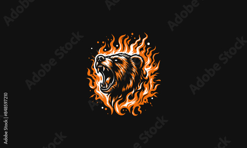 head bear roar with flames vector mascot design