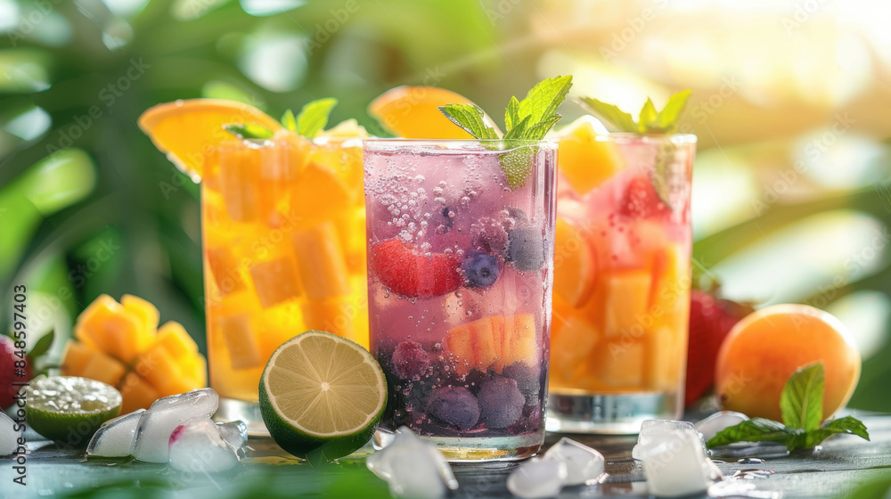 Three glasses of refreshing fruit-infused summer drinks with ice and mint leaves, set outdoors in bright sunlight. Three glasses of refreshing fruit-infused summer drinks with ice and mint leaves, set outdoors in bright sunlight.