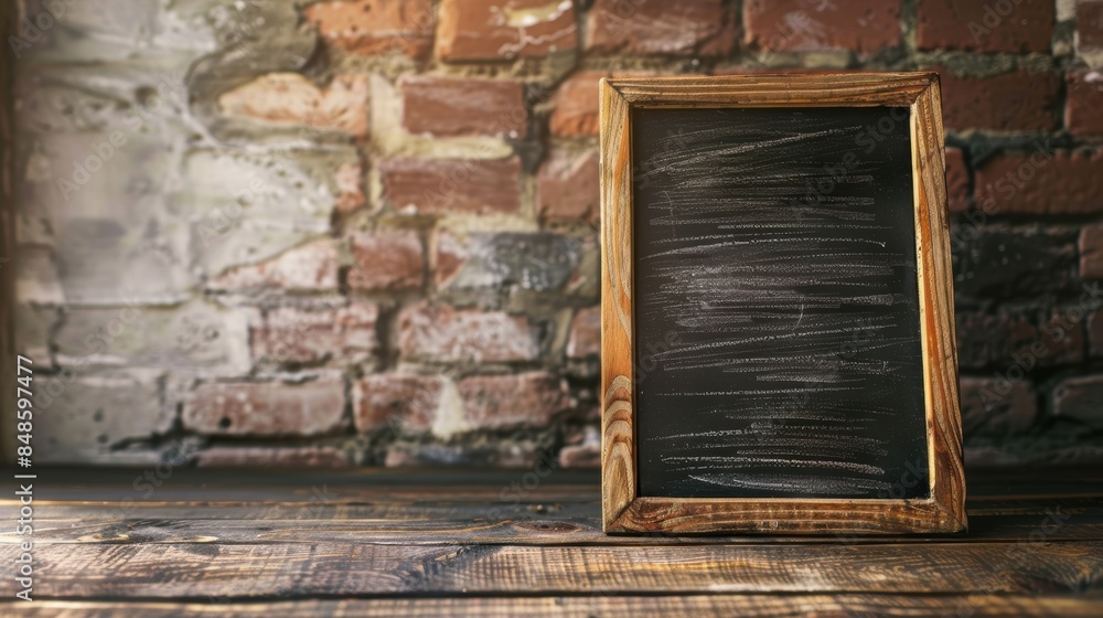 Fototapeta premium A rustic chalkboard with a wooden frame placed against a weathered brick wall background on a wooden table.